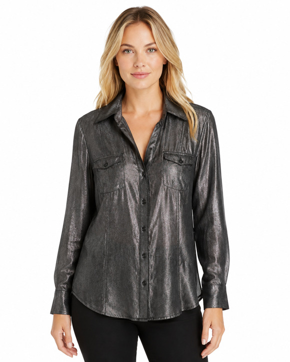 Cache Tops - Cache Sz L Women's Metallic Black Silver Shirt Long Sleeve Semi Sheer Party